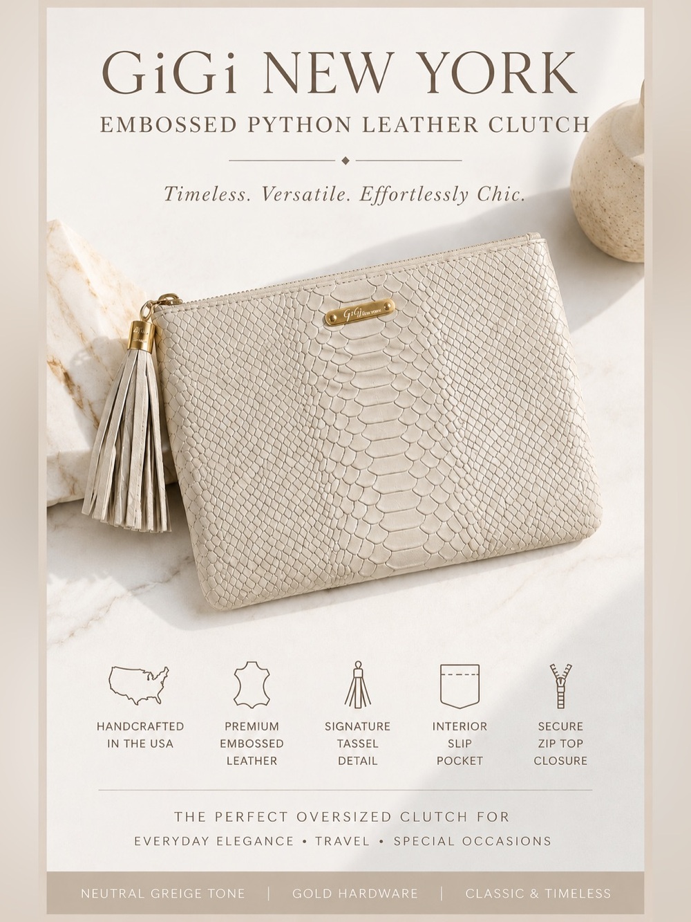 GiGi New York Embossed Python Leather Uber Clutch with tassel pull zipper